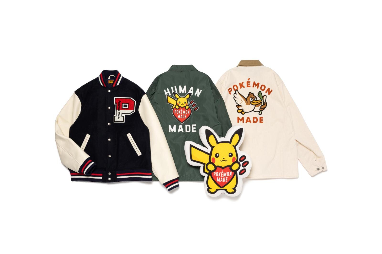 ヒューマンメイド×ポケモン“ハートロゴ”を抱えるピカチュウTシャツやジャケット、クッションも｜写真1