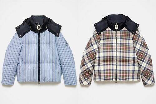 モンクレール×JW アンダーソンのダウンジャケット、シャツのようなチェック＆ストライプ柄