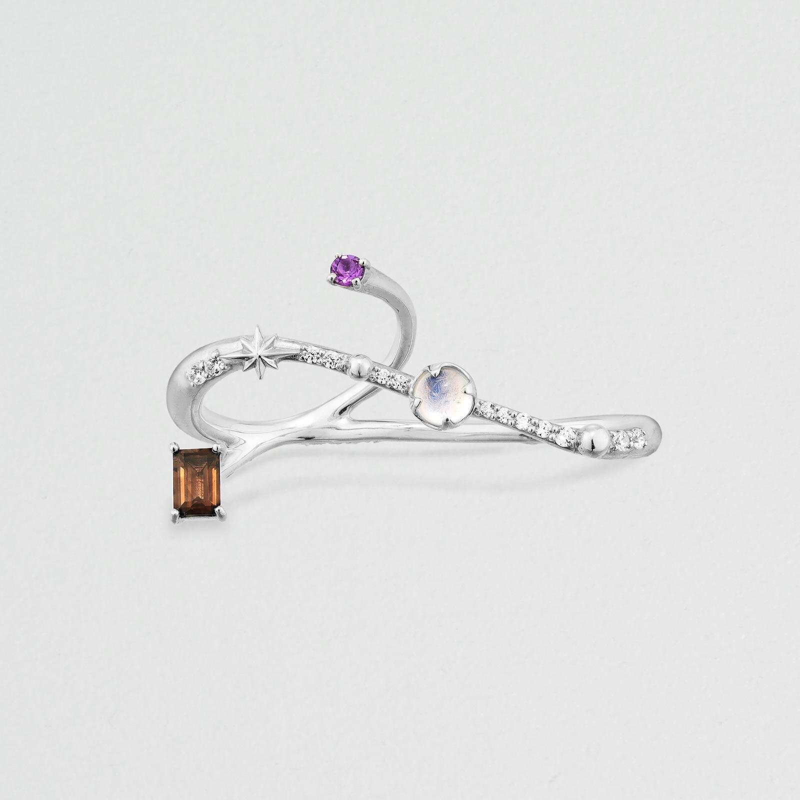 「コズミック ジェム」-ランデヴー- ダブルフィンガーリング(SV925/フェルスパー、スモーキークォーツ、アメシスト、キュービックジルコニア) 49,500円＜数量限定＞