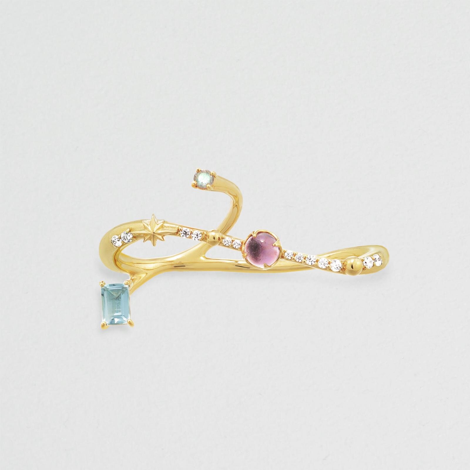 「コズミック ジェム」-ランデヴー- ダブルフィンガーリング(SV925 YG Coating/アメシスト、ブルートパーズ、ラブラドライト、キュービックジルコニア) 49,500円＜数量限定＞