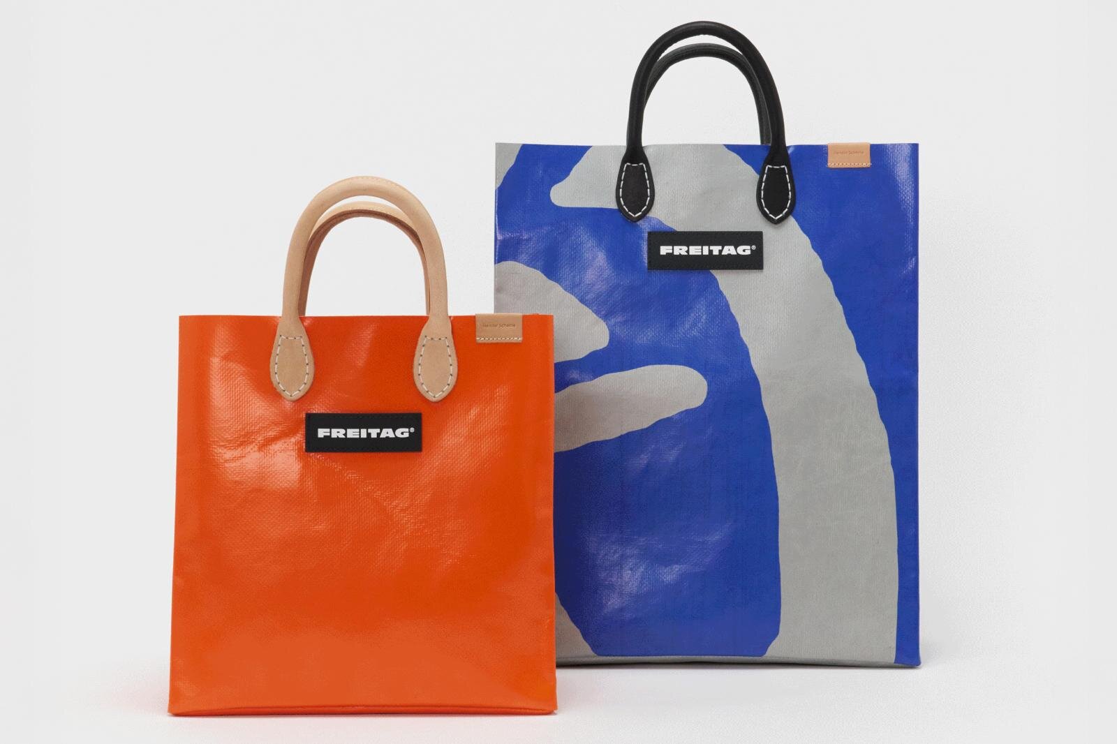 エンダースキーマとフライターグの“一点もの”バッグ、柄が異なるタープ素材＆6色レザーハンドルで