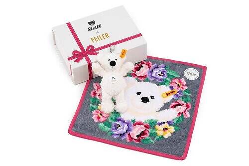 フェイラー×シュタイフ、白いテディベア「ロッテ」のシュニール織ハンカチ＆ぬいぐるみキーリング