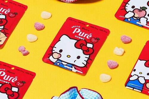 「ピュレグミ×ハローキティ」きゅんと甘酸っぱいりんご味、リボンやハローキティ型の粒も