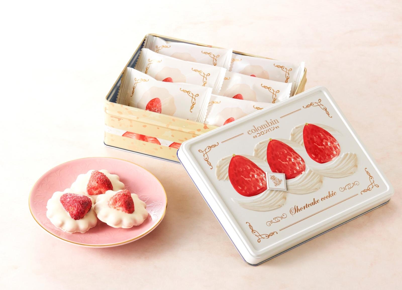 コロンバン「ショートケーキクッキー缶」再び、紅ほっぺ乗せいちごミルク風クッキー×ホワイトチョコ