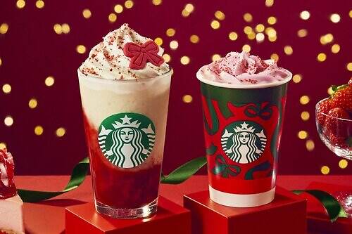 スターバックス25年クリスマス「ジョイフルメドレー」ストロベリー風味のフラペチーノやティーラテ