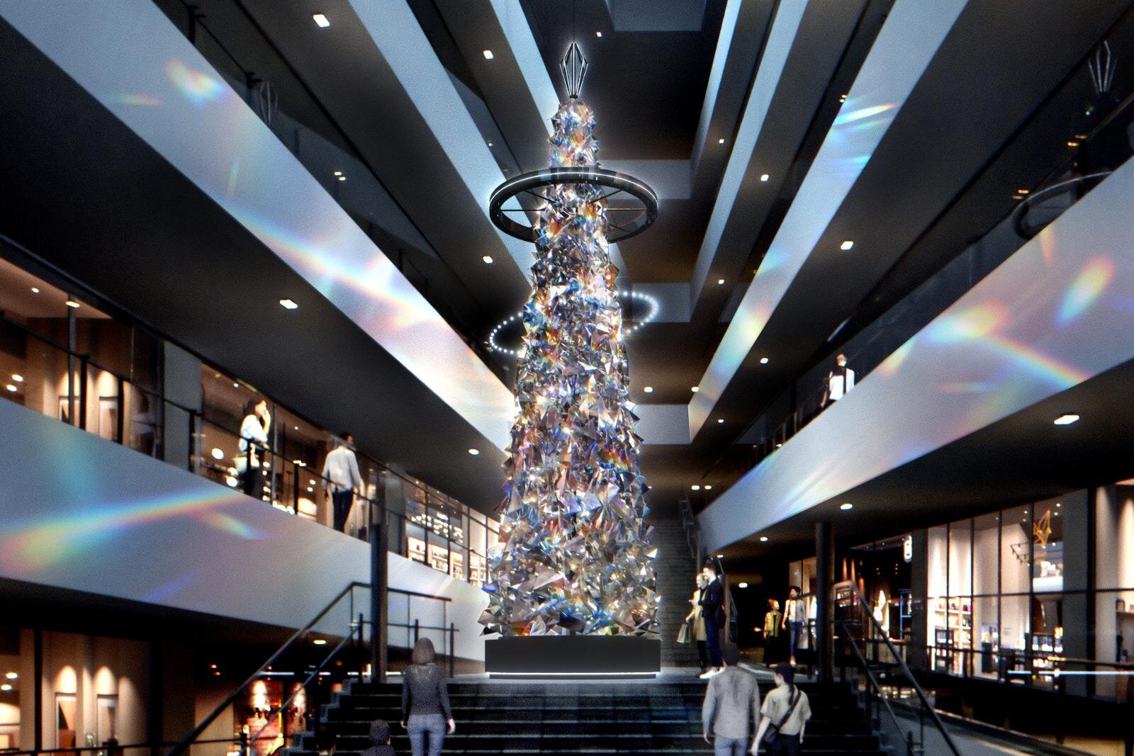 表参道ヒルズ25年クリスマス“プリズム”煌めくツリー、躍動する光のリングと音の演出も