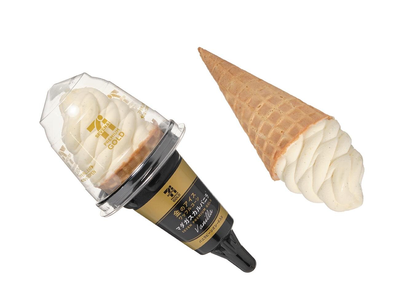 「セブンプレミアムゴールド 金のアイスワッフルコーン マダガスカルバニラ」375円