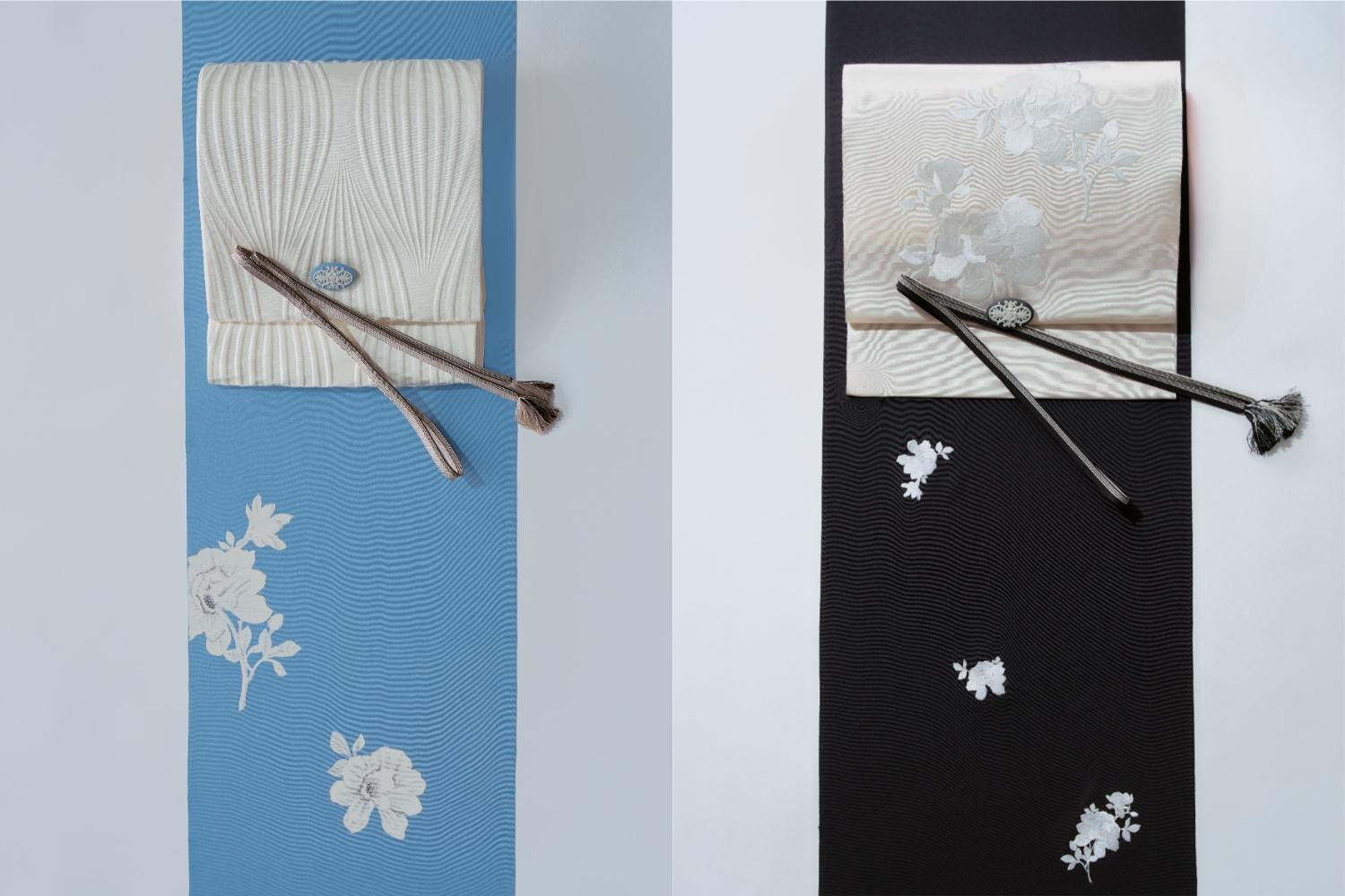 ウェッジウッド×京都丸紅の着物、ペールブルーに白い花が浮かぶ花瓶「マグノリア」着想の着物など