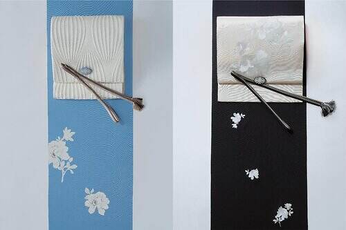 ウェッジウッド×京都丸紅の着物、ペールブルーに白い花が浮かぶ花瓶「マグノリア」着想の着物など