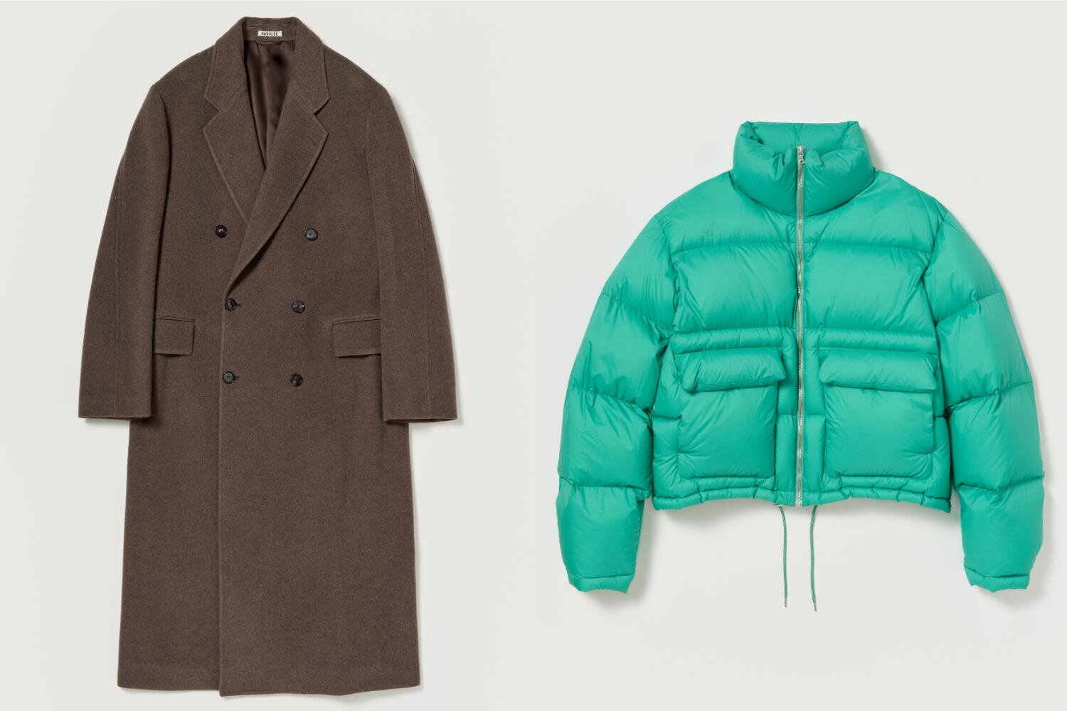 オーラリー25年秋冬メンズアウター、“翡翠カラー”のダウンジャケット＆ダブル仕立てのチェスターコート