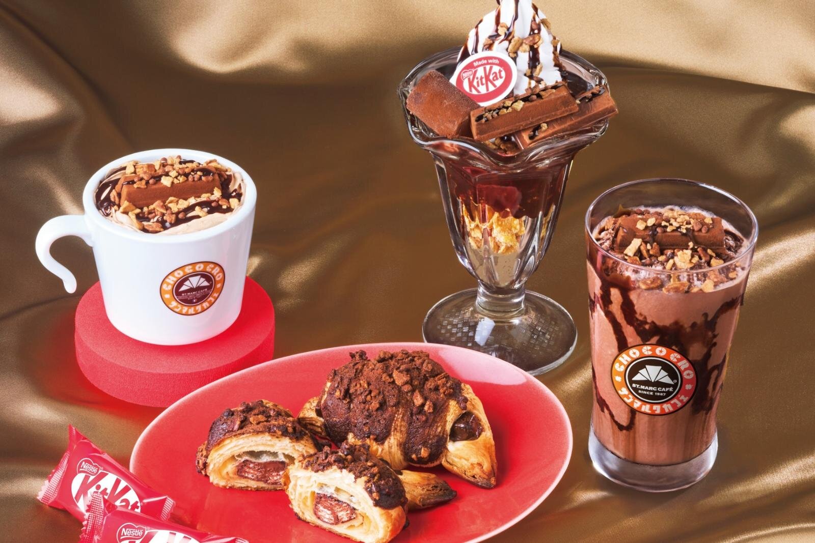 サンマルクカフェ「キットカット」コラボ、丸ごとキットカット乗せチョコクロ＆“チョコ尽くし”パフェ