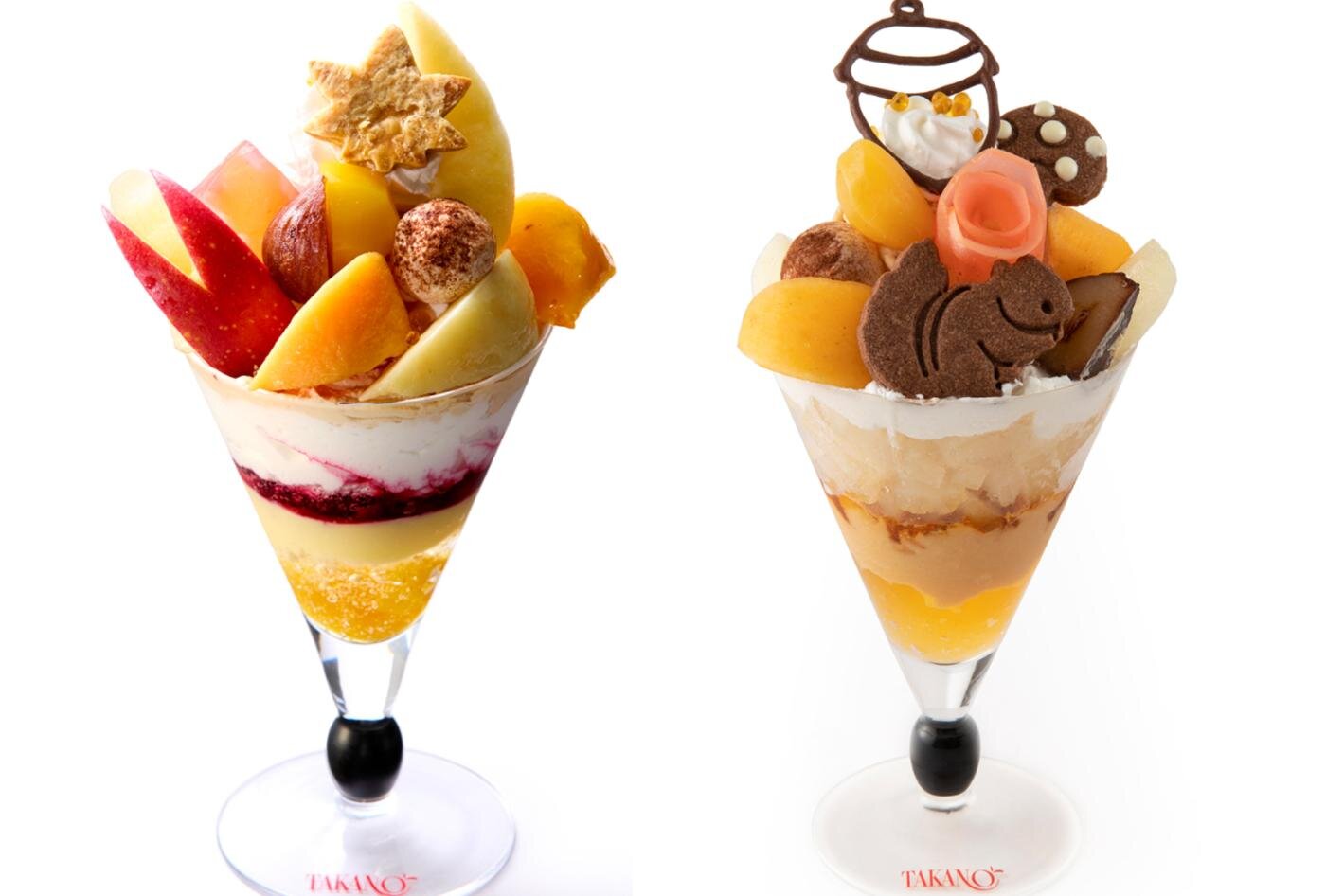 タカノフルーツパーラー「秋色パフェ」もみじ型のパイ＆リスのクッキー乗せパフェ