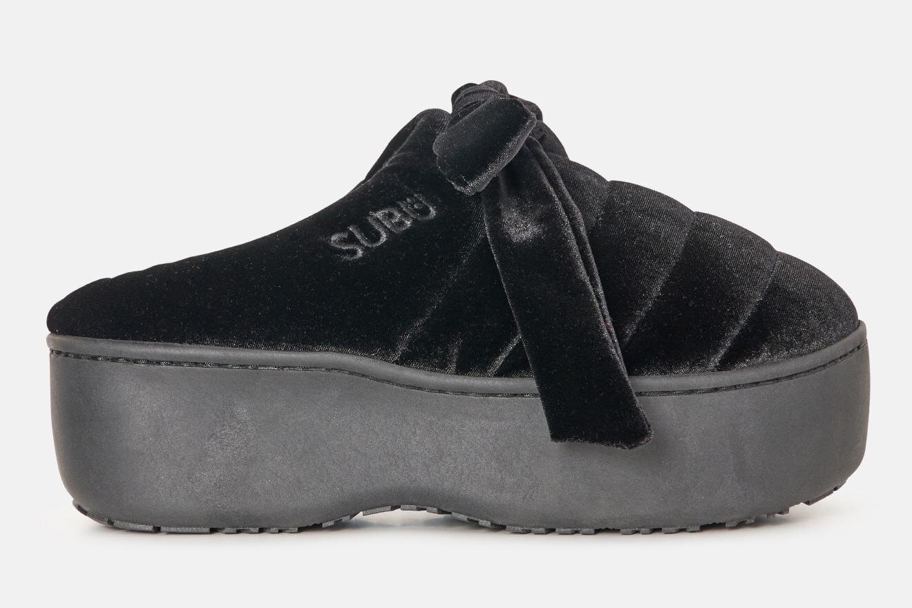 スブ“ふわふわファー”＆ベルベットリボン付き厚底サンダル、ルシェルブルー×アンナ チョイ