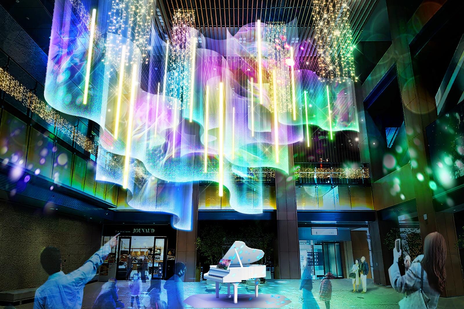 KITTE名古屋の25年クリスマスイルミネーション、“ハンドベルで色が変わる”オーロラ