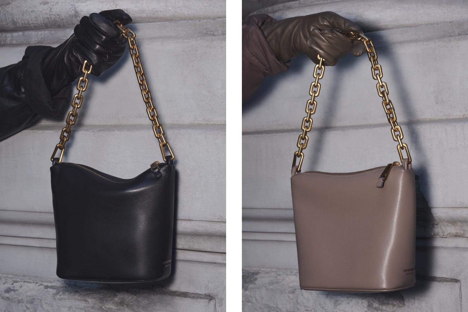 エンポリオ アルマーニのゴールドチェーン付きホーボーバッグ、ショルダー＆クロスボディの2WAY仕様