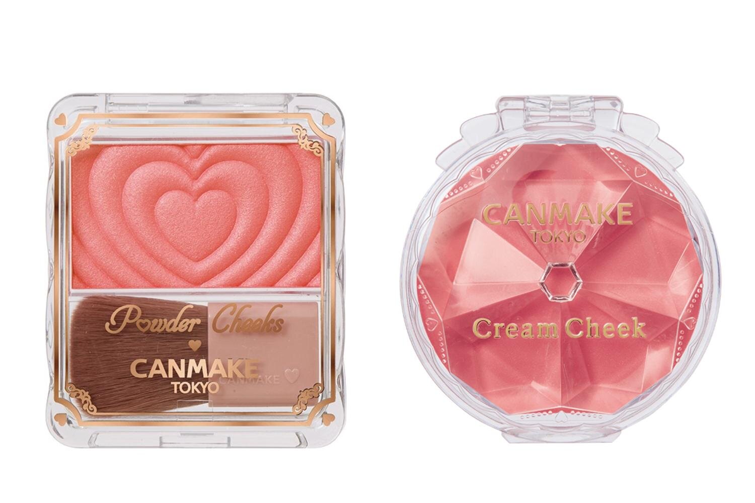 キャンメイク25年冬コスメ、ジューシーコーラルのハート柄チーク＆ミルキーピーチのクリームチーク