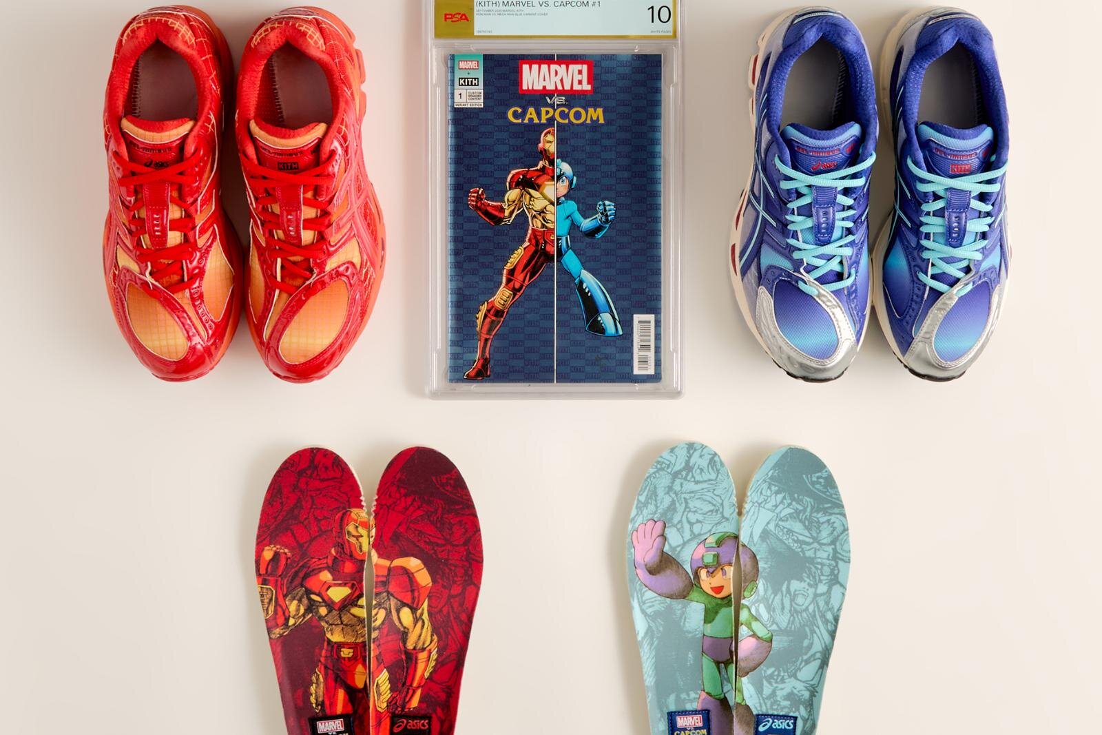 Kith×マーベル×カプコンとアシックスのスニーカー、アイアンマンやロックマン着想の配色で