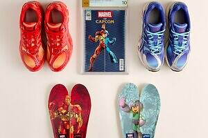 Kith×マーベル×カプコンとアシックスのスニーカー、アイアンマンやロックマン着想の配色で