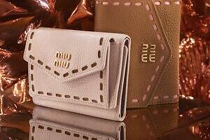 ミュウミュウ25年クリスマス、“ステッチ風”デザインのミニ財布＆パステルカラーのバッグ | ミュウミュウ