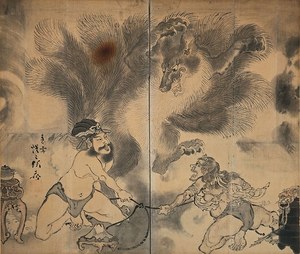 河鍋暁斎/歌川国芳・狩野洞白師事「相撲」掛軸 絹本 タトウ箱付き