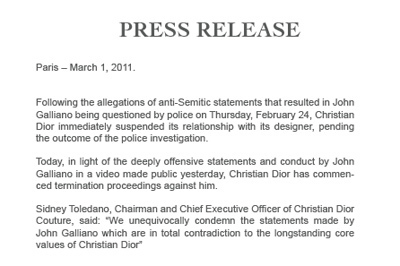 クリスチャン ディオール、ジョン・ガリアーノを解任