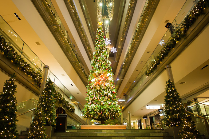 表参道ヒルズ クリスマス イルミネーション15 ヤドリギのシャンデリアオブジェと高さ8mのツリー ファッションプレス