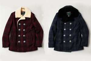 アユイテ×ショット×ウールリッチ コラボレーションでピーコート - ボア生地にチェックをミックス