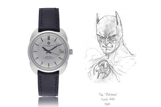 「バットマン」1962 年製クロノメーターロワイヤル(非売品)
18KWG製。機械式自動巻きムーブメント。中3針。3位位置に日付表示。12時位置にダイヤモンド付きのマルタ十字ロゴ。バットマンの「耳付きヘルメット」に似たラグが特徴。