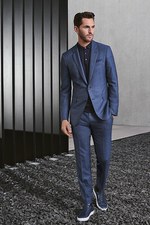 極美品 HUGO BOSS スーツ ウール シルク ブルー チェック サイズ S BOSS スリーピース スリムフィットスーツ チェックパターン