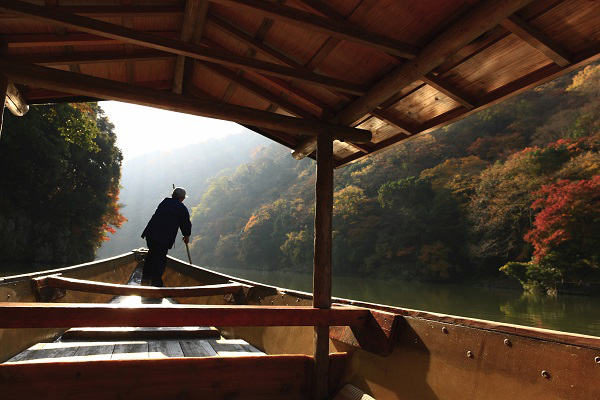 京都嵐山にて「朝のもみじ舟」開催 - 紅葉で真っ赤に染まった朝の大堰川を屋形舟で | 写真