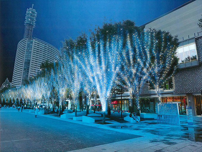 横浜MARK IS みなとみらいでクリスマス - 巨大なツリーと映像のコラボ、青い光に包まれた公園 | 写真