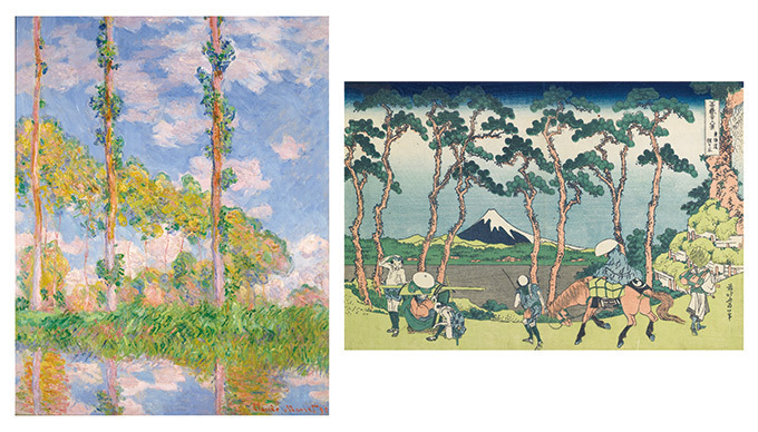 右) 葛飾北斎《冨嶽三十六景　東海道程ヶ谷》1830-33(天保元-4年)頃　横大判錦絵　25.7×37.8cm　ミネアポリス美術館　 Minneapolis Institute of Art, Bequest of Richard P. Gale 74.1.237　Photo: Minneapolis Institute of Art
左) クロード・モネ《陽を浴びるポプラ並木》1891年　油彩、カンヴァス　93×73.5cm　国立西洋美術館(松方コレクション)
