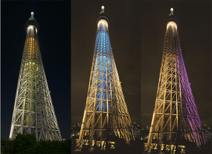 東京スカイツリーの新ライティング「幟(のぼり)」3つの幟が東京の夜空に揚がる | 写真