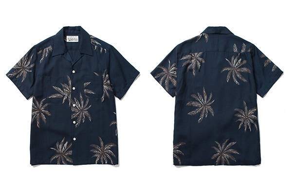 WACKO MARIA 2018SS Palms Tree S/S Hawaiian Shirt ワコマリア パームツリーショートスリーブハワイアンシャツ アロハ 半袖 オープンカラー ヤシの木 総柄 ネイビー サイズL【230921】【-A】【me04】