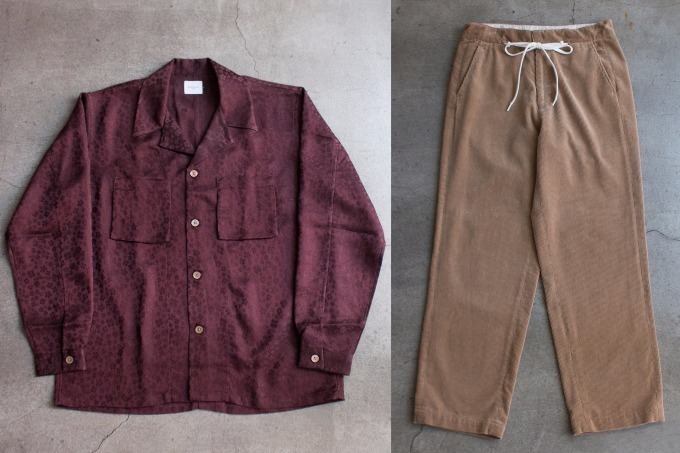 エフィレボルよりビン別注シャツ＆スカート、バーガンディの生地に小花刺繍が浮かぶ