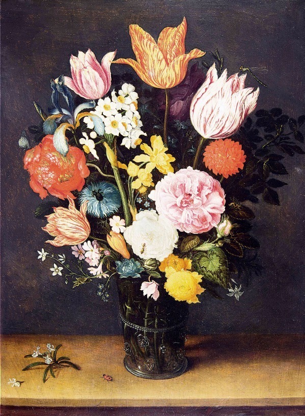 ヤン・ブリューゲル1世、ヤン・ブリューゲル2世
《机上の花瓶に入ったチューリップと薔薇》1615-1620年頃