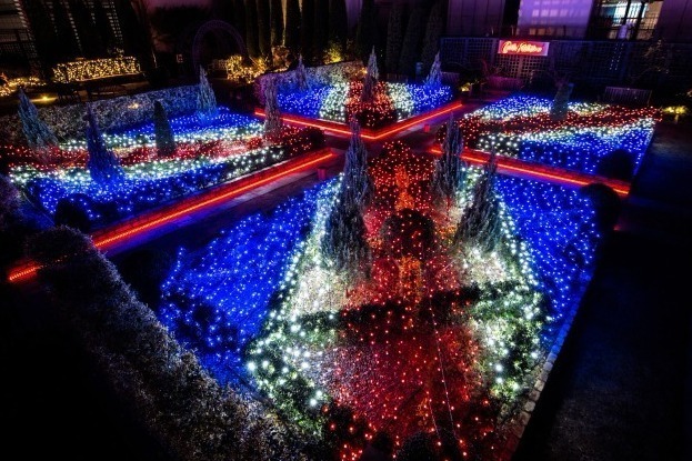 屋上庭園｜キャス キッドソンのイルミネーション、新宿マルイで - 英国式バラ園を照らすユニオンジャックの光