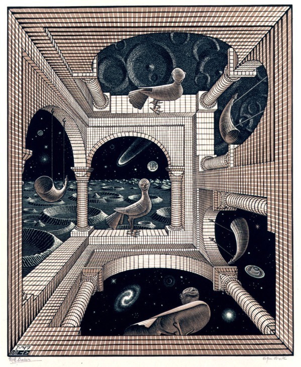 M.C.エッシャー《もう一つの世界》1947年 木口木版・板目木版 ハウステンボス美術館蔵