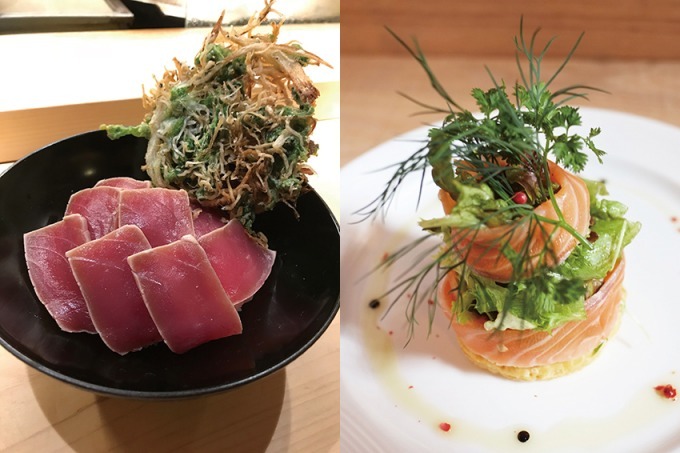 左から)串揚げ again「かき揚げ海鮮丼」 フランス料理 ア・プ・プレ「サーモンマリネのフィユテ仕立て」