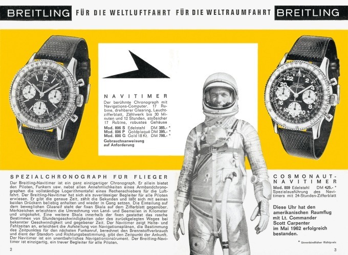 宇宙飛行士スコット・カーペンターとともに「ナビタイマー」の新ラインが発表された、1964年のカタログ
