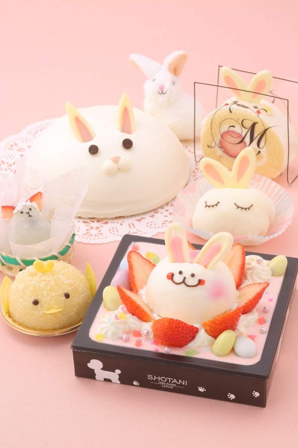 ユーハイム「うさぎのケーキ」1,296円、みかげ山手ロール「白うさぎ」440円、
Sweet Oven FUJIYA「イースターうさぎのみるきぃだんご」260円、
ケーキハウス ショウタニ「いちごのうさぎちゃん」1,200円、
ベビー モンシェール「イースターぴよこ」459円