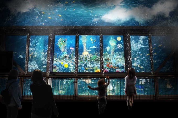 名古屋テレビ塔展望台×ネイキッドの夜景イベント、"天空の水中都市"をカラフルな魚たちと探検
