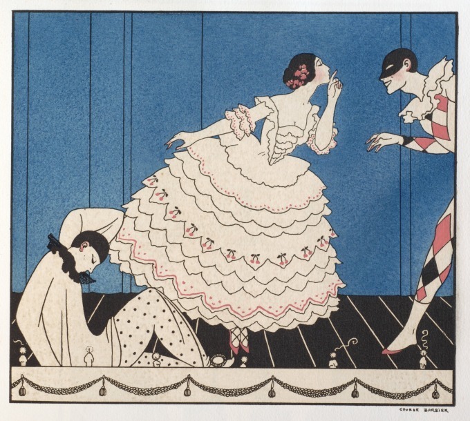 ジョルジュ・バルビエ版画『ル・カルナヴァル』より「クラウンとコロンビーヌとアルルカン」1914年