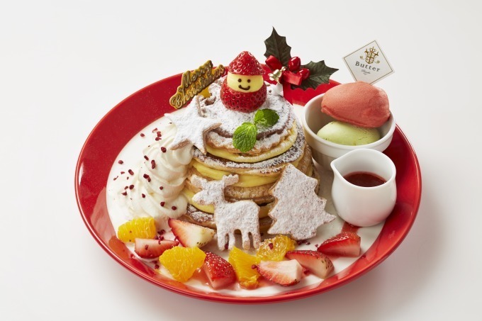 パンケーキ専門店バター クリスマスツリー のようなパンケーキタワー 苺の雪だるまを飾って ファッションプレス