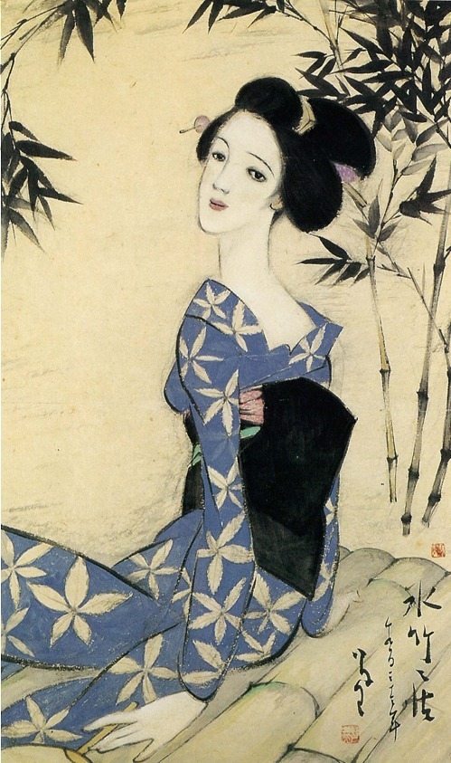 竹久夢二 黄色の着物美人 版画-