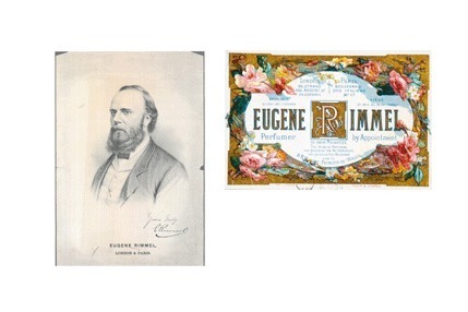 左) 創始者ユージン・リンメル、
右) 「RIMMEL LONDON」のロゴがあしらわれた創業当時のリンメル製品