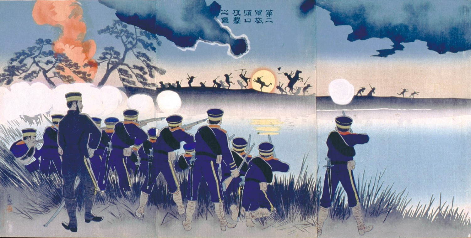 小林清親《第二軍旅順口攻撃之圖》
1894(明治27)年 大判錦絵三枚続
川崎市市民ミュージアム蔵