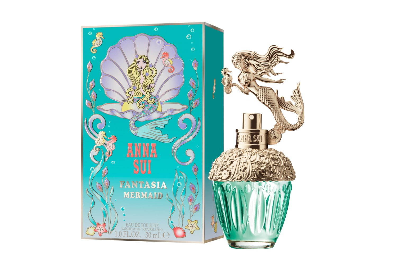 フローラルノート｜アナ スイ「マーメイド」の世界をイメージした新フレグランス、泳ぐマーメイド＆タツノオトシゴボトル