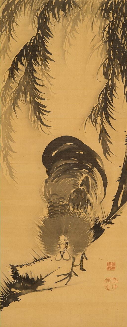 伊藤若冲 《柳に鶏図》 18世紀後半 軸装 絹本水墨 102.8×40.4