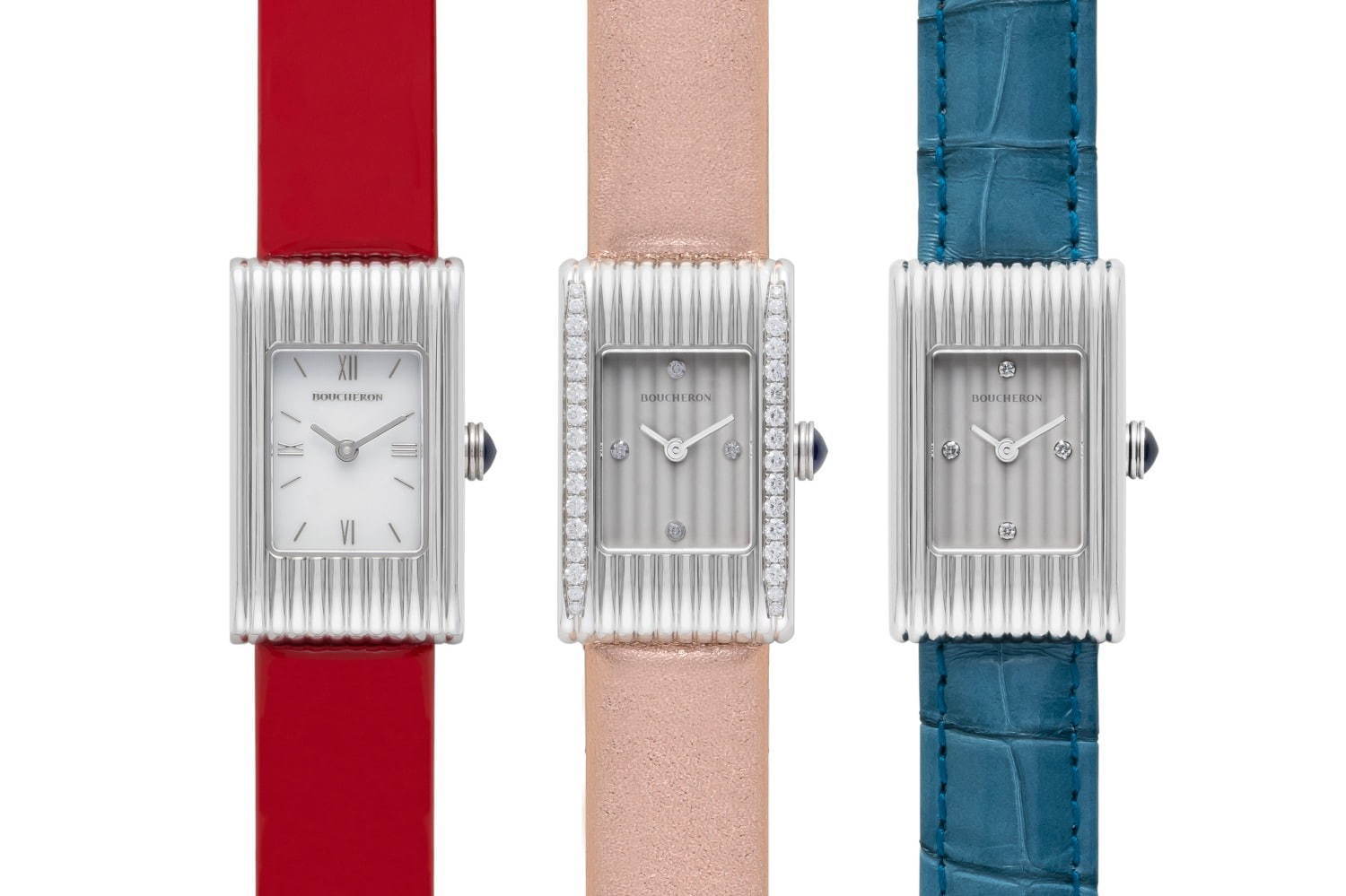 ブシュロンの腕時計「リフレ」日本限定ストラップ、レッド・ローズ・ブルーの付け替え可能な3色 | 写真